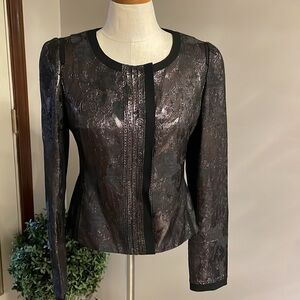 ELIE TAHARI Tessa jacket wool metallic black shinny snap front down scoop neck 4